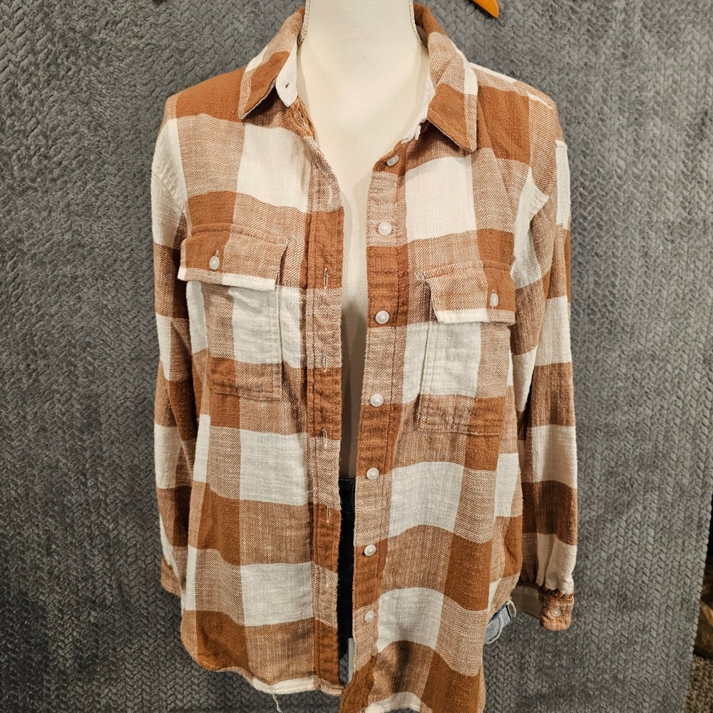 American Eagle Brown Buffalo Plaid Cotton Flannel Button Down Shirt Womens Small
